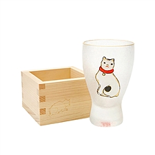 ADERIA 江户猫系列镶金日本酒杯酒枡礼盒套装 白猫100ml+木刻酒枡