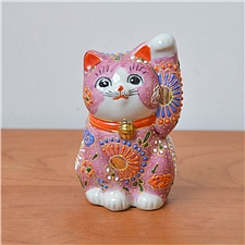 九谷烧 陶彩锦绘招财猫摆件 粉色花蕊款  K8-1465