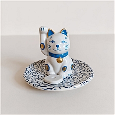 美浓烧 招财猫香立 青  K5667