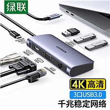 绿联 Type-C扩展坞 7合1 HDMI+VGA+HUB+PD+3USB  60557